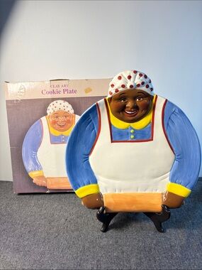 1996 Clay Art Cookie Plate - Blue, White & Yellow Chef Design. NIB. No tags.